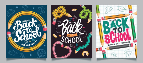 Back to school greeting clipart poster set. Welcome back to school text clip art with pencils and pen educational elements for education flyers, template and cards collection vector illustration. 
