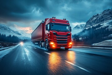A Red Semi Truck Travels Along A Wet Mountain Road