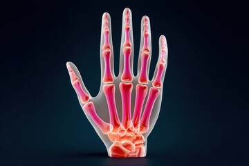 Naklejka premium A detailed anatomical illustration of a human hand, showcasing the bones and joints with vibrant colors against a dark background.