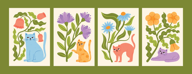 Flower market modern trendy poster set with cute pastel cats, kittens and flowers. Vector card with plants, flowers, leaves, botanical elements collection. Hand drawn illustrations with gentle kitties