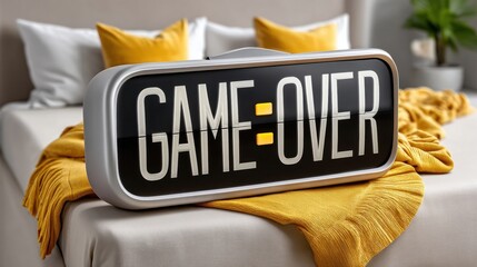 A stylish "Game Over" clock sits on a bed, surrounded by yellow accents, blending modern design with a playful message.