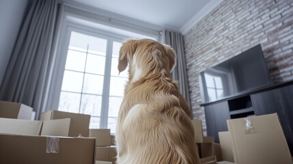 Fototapeta premium Dog in new home: golden retriever amidst moving boxes with brick wall background 