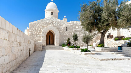 Fototapeta premium Serene white building courtyard peaceful architectural photography