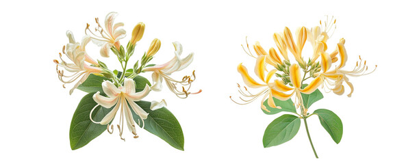 Honeysuckle flowers collection, close up, isolated on white background