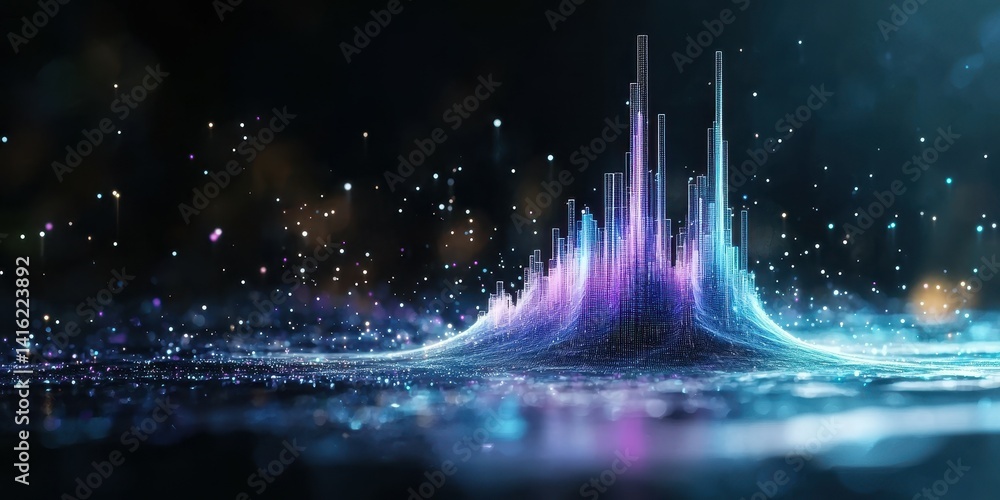 Poster abstract representation of sound waves in vibrant colors and shimmering lights.