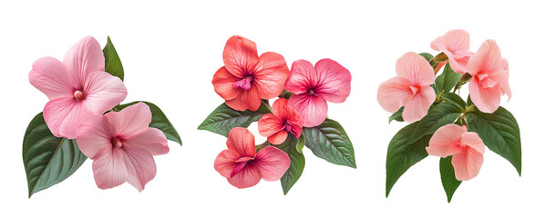 Impatiens flowers collection, close up, isolated on white background