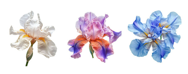Iris flowers collection, close up, isolated on white background