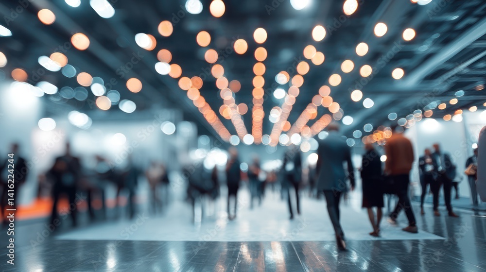 Poster a blurred scene of people walking in a modern venue, illuminated by bright lights creating a dynamic