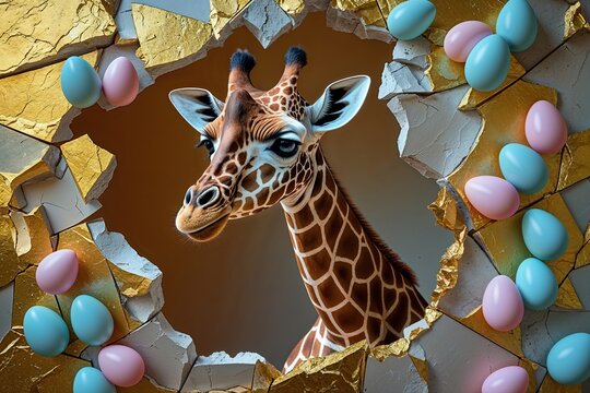 Playful Giraffe Glancing Through a Fractured Golden Wall in Festive Easter Artwork