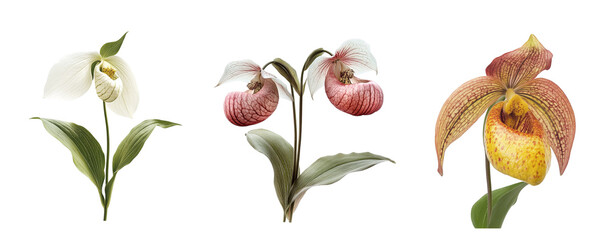 Lady's Slipper flowers collection, close up, isolated on white background