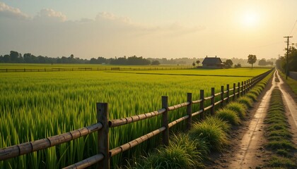 Obraz premium Green Rice Field at Sunset.