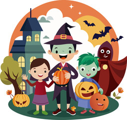 Kids in Halloween Costumes Trick-or-Treating with Pumpkins &ndash; Cute Cartoon Vector Illustration