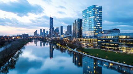 Obraz premium Stunning modern city skyline reflecting in a tranquil river at dusk.