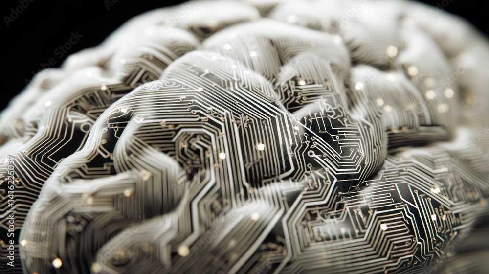 Poster a close-up view of a human brain integrated with futuristic circuitry, symbolizing the intersection 