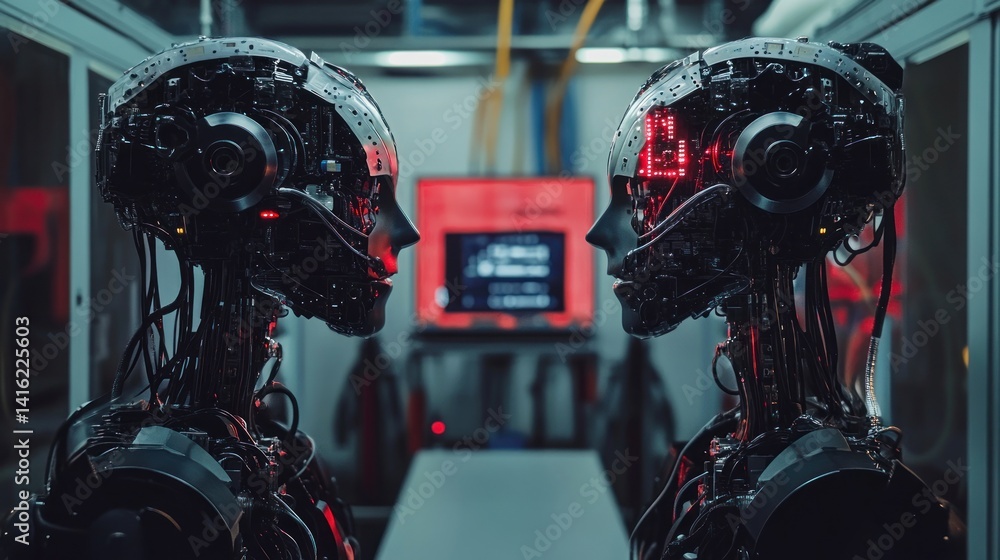 Poster cybernetic twins: a futuristic encounter of two advanced robots in a technological facility.