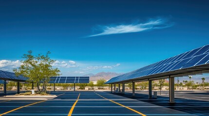 Obraz premium Solar panels shade parking lot under clear sky