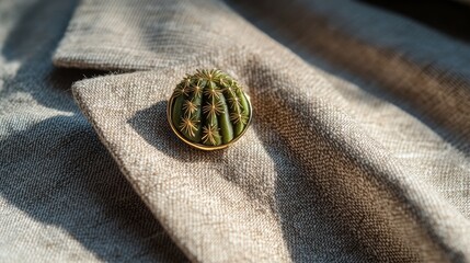 Cactus lapel pin on blazer: a touch of southwestern style green miniature cactus attached to a textured linen jacket fashionable accessory desert plant theme wardrobe