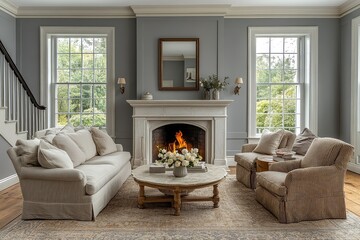 Classic American style living room with light gray walls, white fireplace, beige sofa, armchairs, striped brown chairs, coffee table with fresh flowers, and elegant mirror.