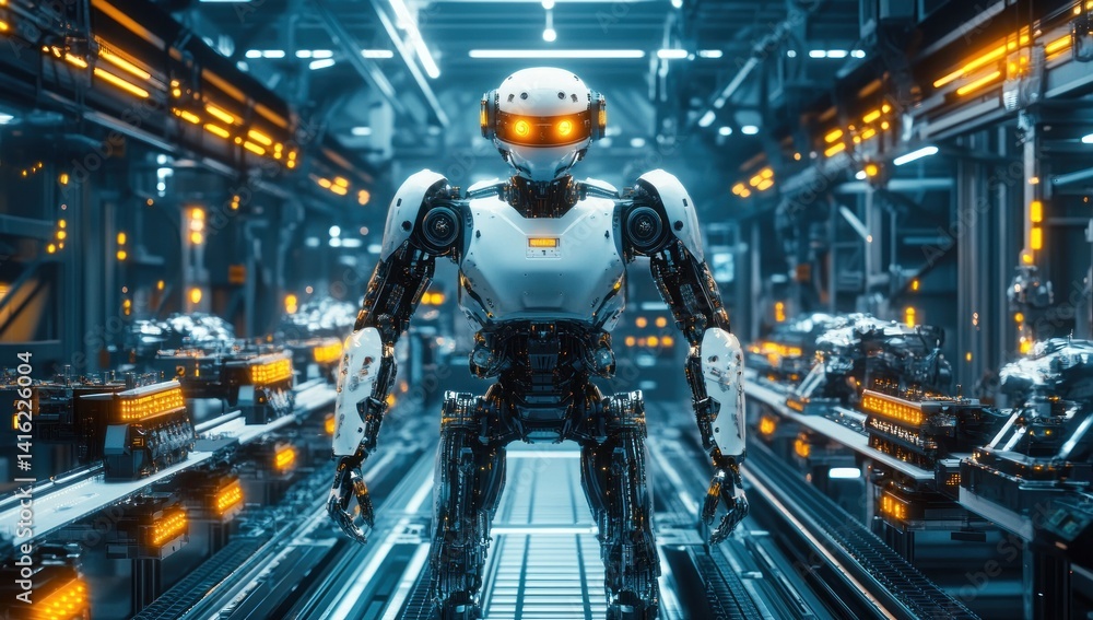 Poster futuristic robot in advanced factory: ai and automation