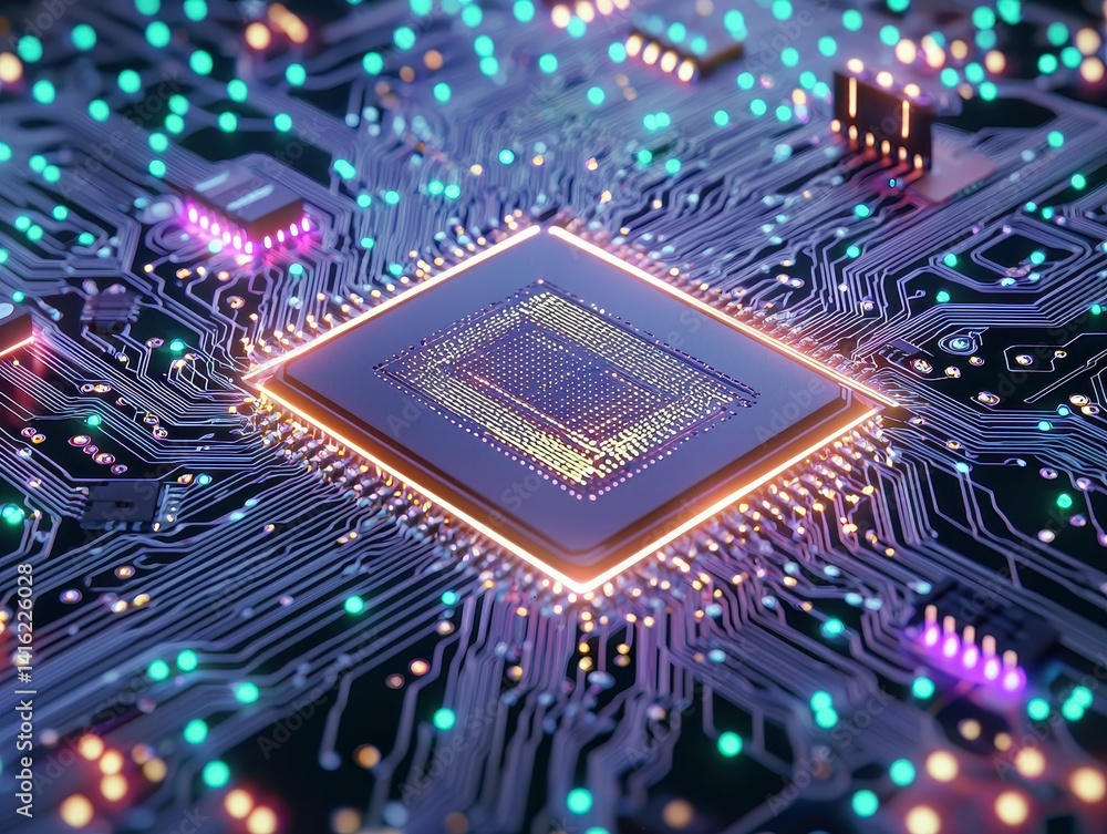 Poster close-up of a glowing computer microchip on a circuit board with colorful lights.