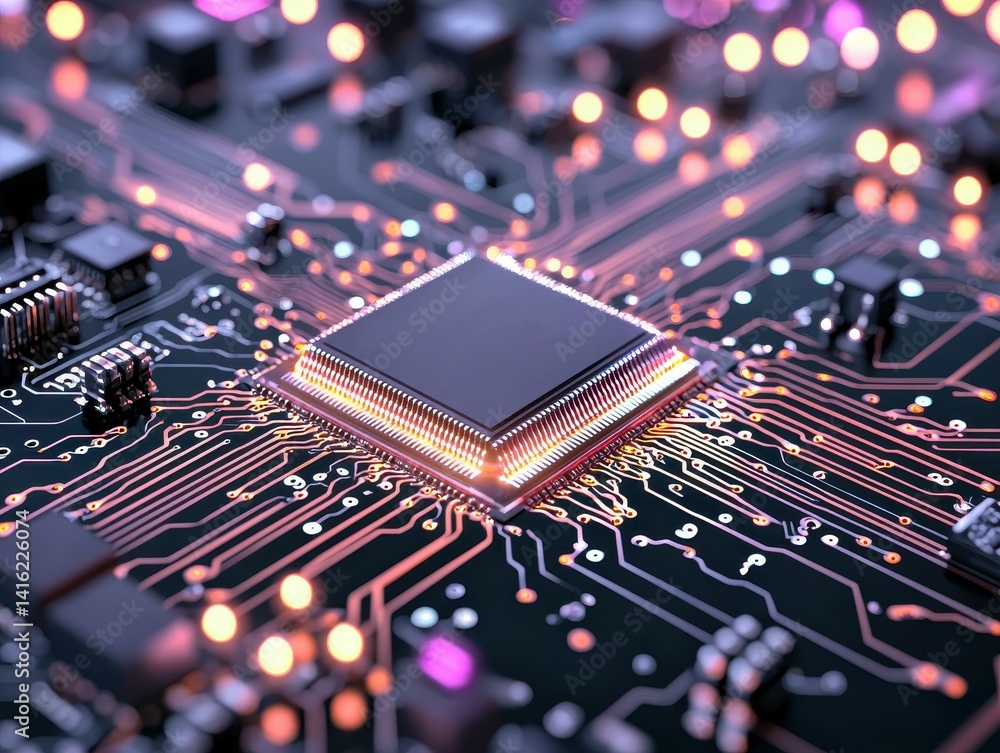 Aufkleber close-up of a microchip on a circuit board with glowing connections and modern technology.