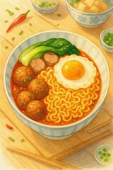 Watercolor Bowl of Ramen with Egg, Meatballs and Vegetables