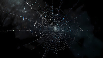 Naklejka premium Spider Web with Dew Drops on Black Background – Artistic Macro Illustration