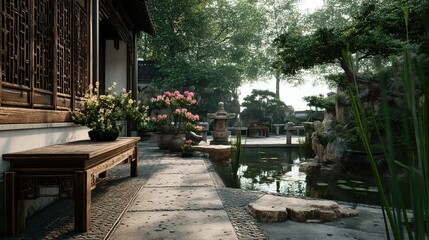 Tranquil Asian courtyard garden with traditional architecture.