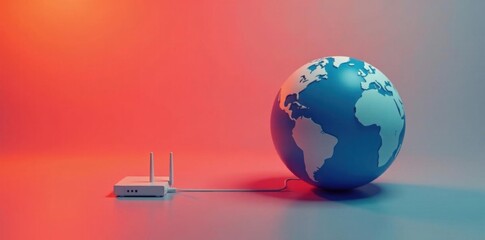 Minimalist globe icon with a line connecting it to a stylized internet router ,  connection,  network