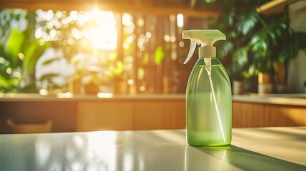 Natural green cleaning spray bottle on countertop with kitchen background 