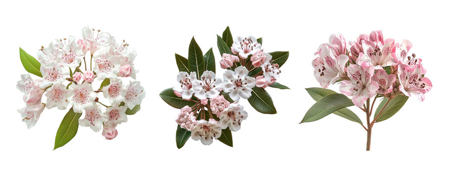 Clusters of mountain laurel flowers, close up, isolated in white background