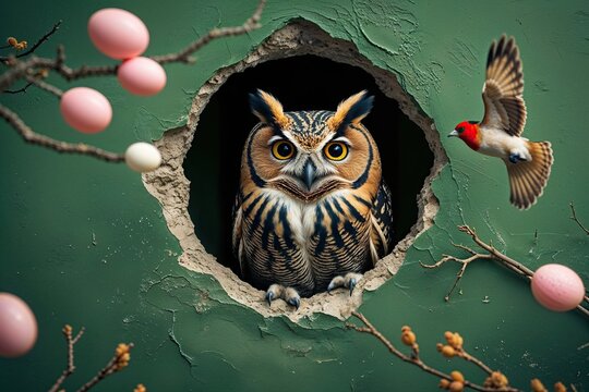 Charming Owl Peeking Through Green Wall with Flying Bird Perfect for Easter Decor