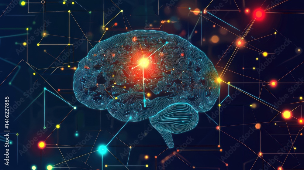 Leinwandbilder 3d illustration of a brain, highlighted with glowing connections, depicting neural networks and data