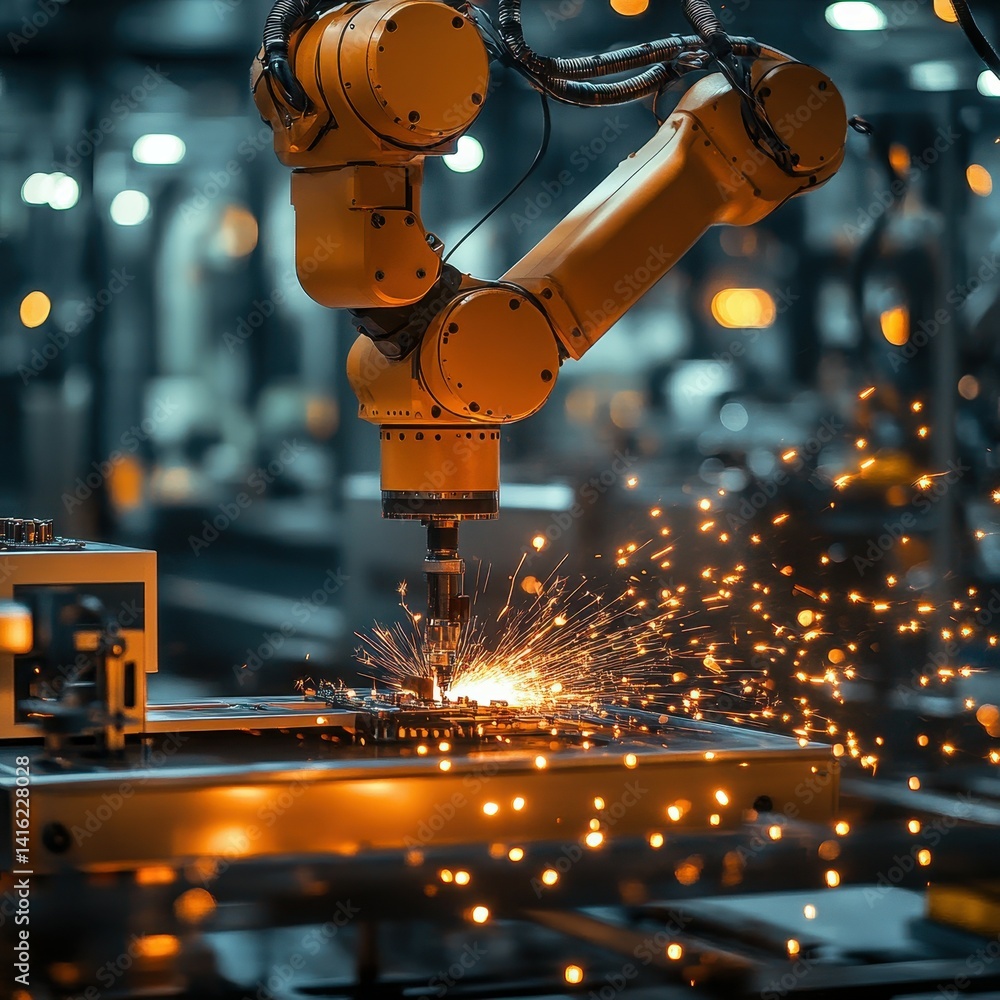 Poster robotic arm working with precision in a high-tech manufacturing setting.