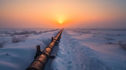 Frozen pipeline: metal structure in snowy landscape at sunset 