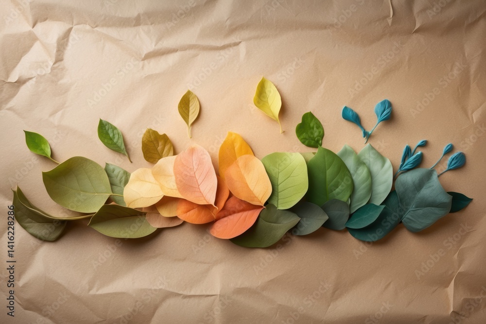 Poster a colorful array of leaves arranged in gradient shades on crumpled brown paper, showcasing nature's 