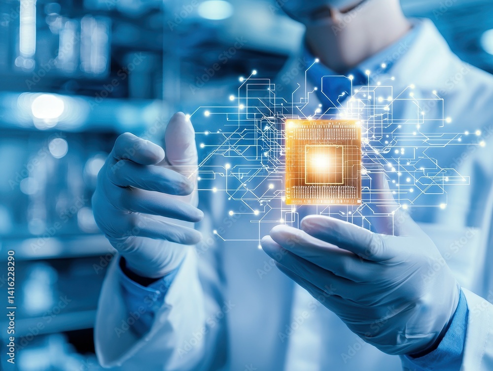 Poster male scientist showcasing a microchip with digital circuits in a lab setting.