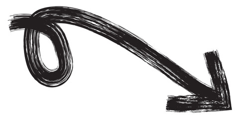 Black hand drawn chalk sketch arrow pointing downward, featuring a curl at the beginning of the line, isolated against a clean white background, Vector-eps 10