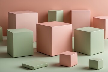 Composition of pastel-colored geometric cubes in soft lighting, creating a minimalistic aesthetic.