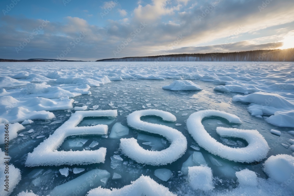 Poster ice formations in a frozen lake with the letters esg carved into the surface under a cloudy sky.