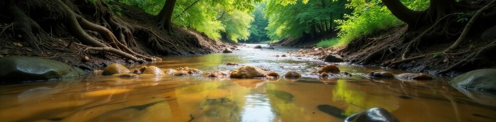 Muddy riverbank with overgrown vegetation and twisted roots, nature, texture, wild