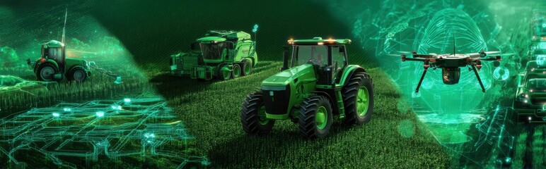 Collage of AI-powered tractors, drone crop monitoring, and smart irrigation systems in futuristic farm design, green holographic light with left copy space