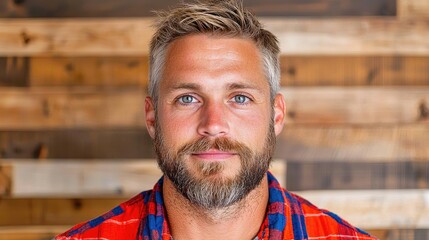 Portrait of a confident man with beard red plaid shirt rustic wood background