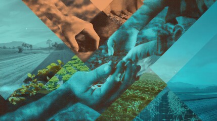 Conceptual collage of agriculture, hands planting seeds, and aerial farming zones with blue green color blend and gradient background for CSR messaging