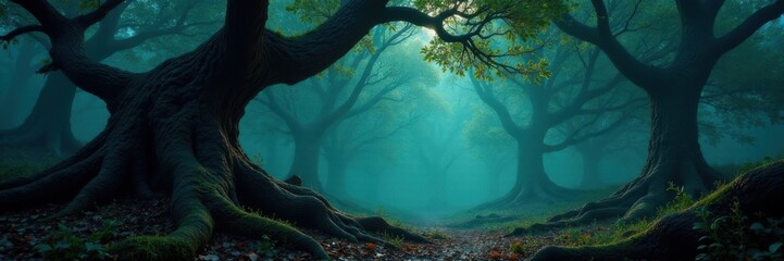 Mysterious forest with gnarled tree trunks and twisted vines, nature, foliage, wilderness