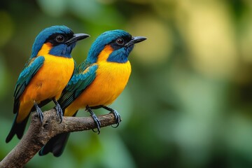 Obraz premium Blue and Yellow Birds Perched on Branch Tropical Rainforest Wildlife Photography with copy space