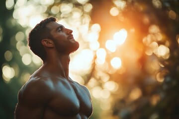 Man Gazing Upward in Nature Capturing a Serene Moment at Sunset Inspirational Lifestyle Photography with copy space