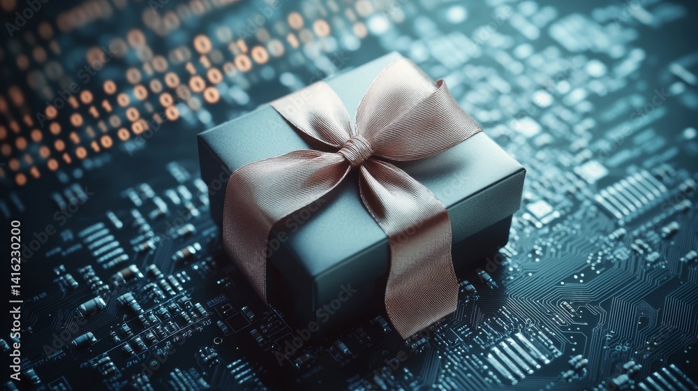 Poster tech gift: a gift box with ribbon on a circuit board symbolic of technology and innovation blurred b