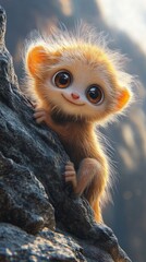 Fototapeta premium Adorable cartoon lemur clinging to a rock, a sweet and endearing scene