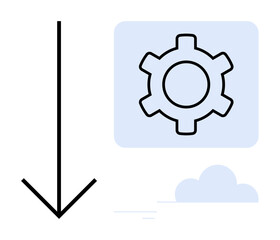 Gear icon with downward arrow emphasizing setup or download concept, subtle cloud below. Ideal for software, technology, data management, decisions, process automation, cloud solutions, simple